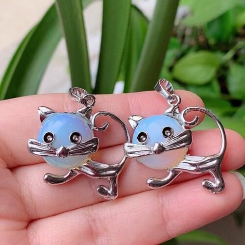 Healing Jewelry Natural Stone Pendant Pendulum Purple Quartz Amethysts Lovely Cute Cat Shape Opal Pink Crystal Pendant Girls