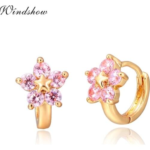 Gold Color Star With Five Pink CZ Flower Huggies Small Hoop Earrings Anti-Allergic Jewelry For Womens Children Girls Baby Kids