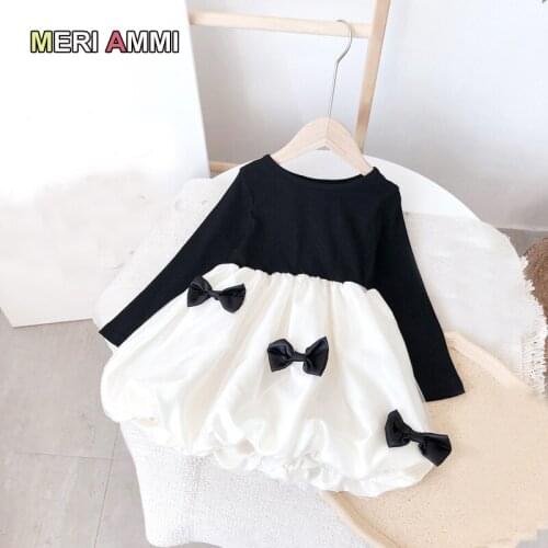MERI AMMI Children Spring Autumn Clothing Long Sleeve Bow Daily Bow Dress For 2-7 Year Girl