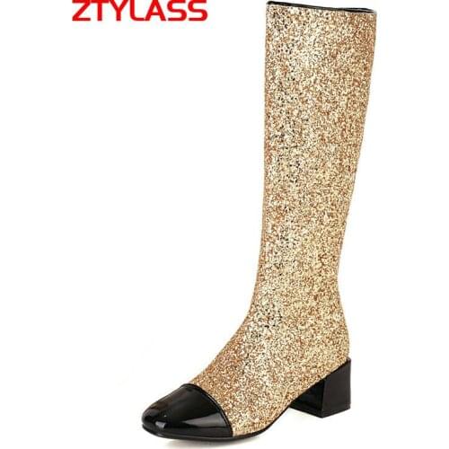 Fashion Sequined Knee High Heel Boots Autumn Winter Women Boots Square Low Heel Long Boots Zipper Ladies Shoes
