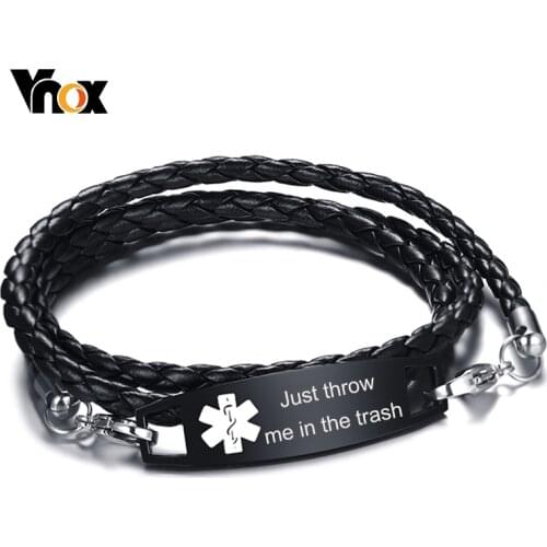 Vnox Free Personalize Medical Bracelets for Men Women Black Stainless Steel ID Bar Just Throw Me in the Trash Leather Bracelet