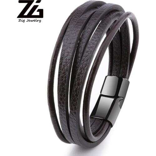 ZG Mens New Punk Simple Leather Bracelet Black And Magnetic Buckle Wristband Male Jewelry Vintage Fashion Best Gifts