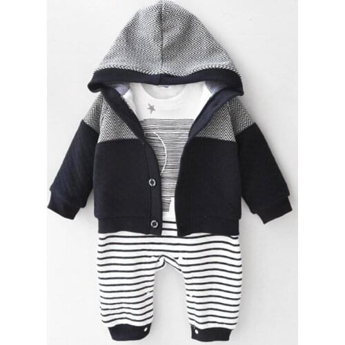 Autumn Boys Sets Kids Striped Jumpsuits and Hooded Coat 2Pcs Set for Children Hot Sale Kids Clothes Suit