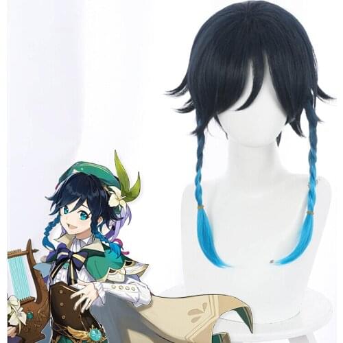 Game Genshin Impact Venti Cosplay Wigs Gradient Blue Short 45cm Cosplay Wig Braided Wigs Heat Resistant Synthetic Hair