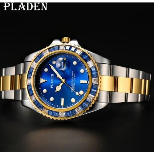 "PLADEN Gold and Silver Waterproof Watches Business Blue Emerald Diamond European Relojes Auto Date Gentleman Relogio Masculino