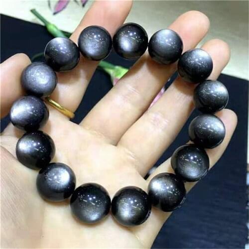 Genuine Natural Silver Obsidian Flash Bracelet Women Men Stone Stretch Round Beads Crystal 10mm 11mm 12mm 13mm 14mm 15mm AAAAA