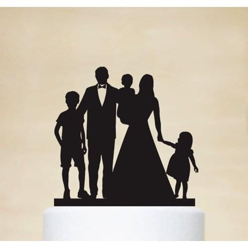 Family Wedding Cake Topper,Bride and Groom With Children Silhouette Cake Topper,Couple holding children and boy/girl Cake Topper