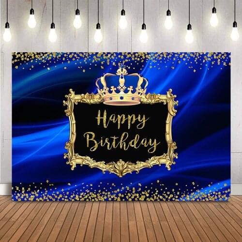Blue Birthday Backdrop Prince Royal Blue Crown Background for Photo Studio Gold Glitter Kids Birthday Theme Party Decoration