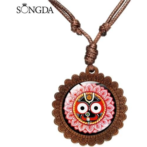 SONGDA New Arrival Hindu God Jagannath Wood Necklace Pendant Flower Face 4 Style Rope Chain Necklace For Women Men Jewelry