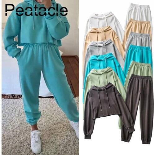 Peatacle Loose Hooded Sweater High Waisted Footwear Pants Suit Casual Spring Autumn Womens Two-piece Set