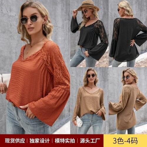 Loose Clothes Lace Up Women Blouses Fashion V Neck Collat Ladies Tops Vintage Lace Shirts For Woman Ladies