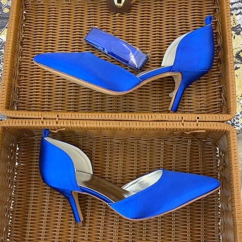 Casual Blue Women Pumps Pointed Toe Bridal Wedding Shoes Lace Up Satin Evening Party Hight Heel Fashion Ladies Work Shoes
