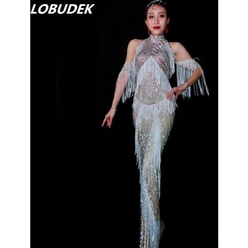 Women Luxury Stage Costume Sparkly Rhinestones Tassels Off Shoulder Long Dress Stars Singer Host Evening Party Celebration Dress