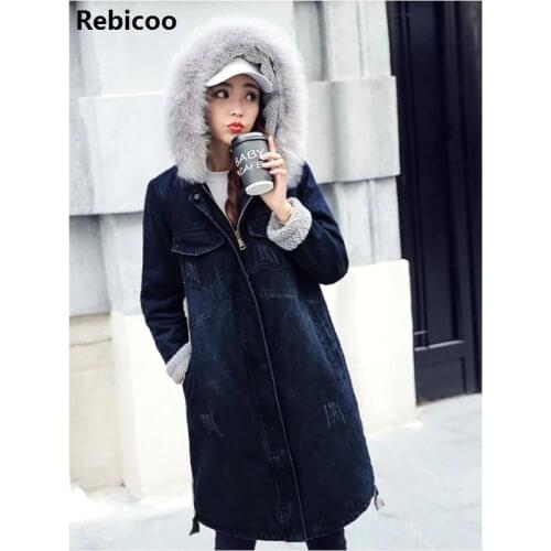 Autumn Winter New Women Lambs Wool Jean Coat Turn-down Collar Long Sleeves Warm Jeans Coat Outwear Wide Denim Jackets