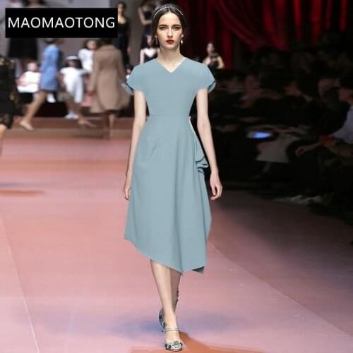 Fashion Runway Summer Solid Color Dress Womens Elegant V-neck Short Sleeve Ruffle High Waist Asymmetrical Midi Dress