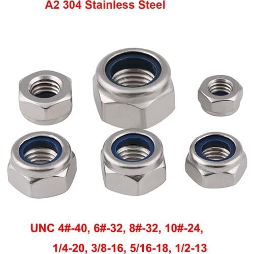10Pc UNC 4#-40 6#-32 8#-32 10#-24 1/4-20 3/8-16 5/16-18 1/2-13 A2 304 Stainless Steel Nylon Insert Hex Lock Nut Self-Locking Nut