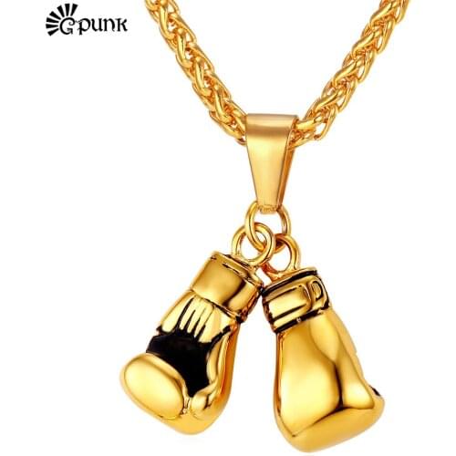 Double Fist boxing gloves Necklace For Men Hiphop Style yellow Gold 316L Stainless Steel chain Men Jewelry P2171G