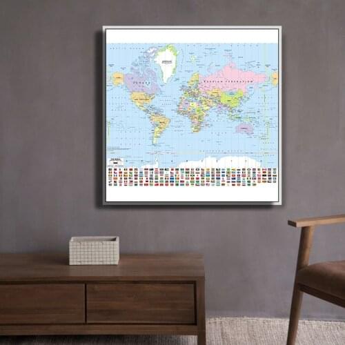 Large Mercator Projection World Map Wall Sticker 90x90cm Non-woven Inkjet World Map with National Flags Office & School Supplies