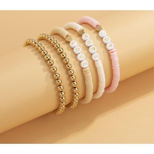Retro Handmade Heart Letters Beaded Bracelsts For Women Bohemia Soft Polymer Clay Gold Color Beads Bracelets Set Beach Jewelry