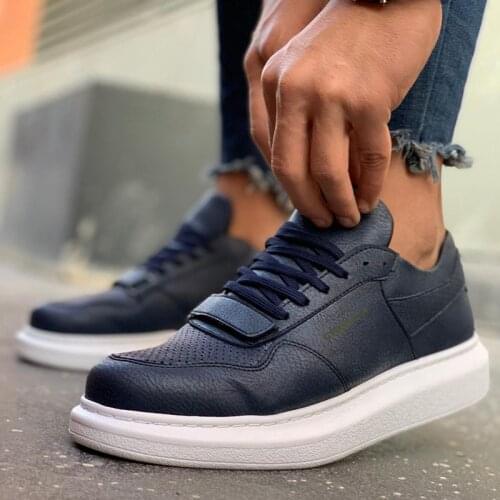Chekich Mens Shoes Navy Blue Color Lace Up Faux Leather Spring Season Sneakers Casual Breathable Lightweight Velcro Band Odorless Comfortable Large Sizes Flat Formal White Base High Sole Air Italian Driving CH073 V5