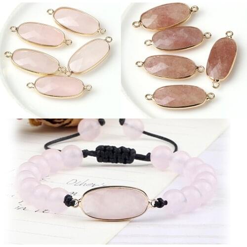 Long Ellipse Pink Crystal Pendant Pink Agate Natural Stone Double Hanging Connector Women Jewelry Gifts Make Accessory Wholesale
