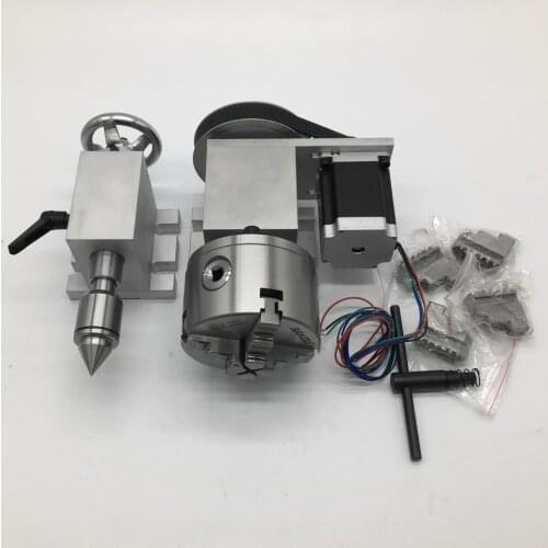 4 Axis Rotation A Axis Extend Rotary 4 Jaw 100mm Chuck & Nema23 Motor & MT2 Tailstock for Wood Metal Plastic CNC Milling Router