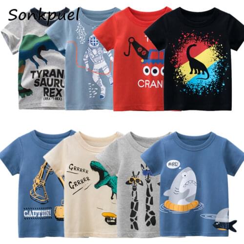 Cartoon Animals T-Shirts Kids Boys Girls Children Cotton Short Sleeves Summer Clothing Excavator Shark Print Tee Toddler Shirts