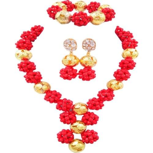 Graceful opaque red nigerian wedding set crystal ball bead african necklace set 1SJQ-07