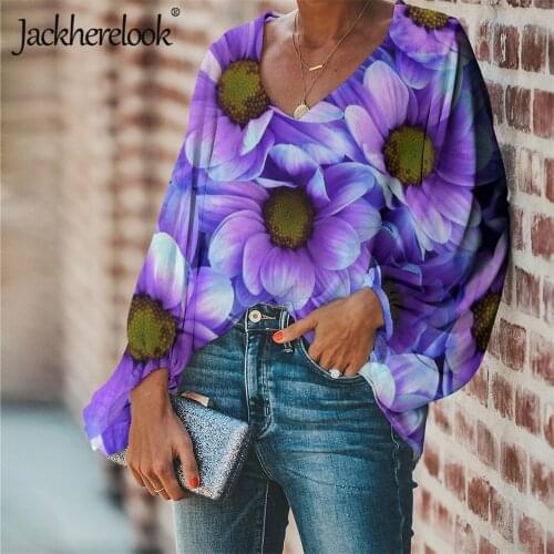 Jackherelook Purple African Daisy Flower Brand Designer Plus Size Chiffon Blouses for Womens Summer Female Tops Shirts Clothing