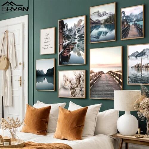 Autumn Bridge Flower Picture Nordic Landscape Artsy Canvas Poster Lake Mountain Boat Vintage Village Living Room Print Painting