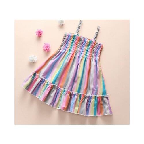 2020 Summer Fashion Cute Rainbow Midi No Sleeve Square Collar Stripes Printed High Waist Flared Princess Skirt Baby Girl Dress