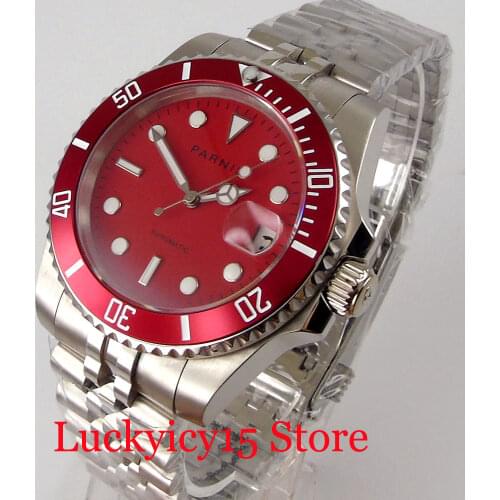 PARNIS SUB Red 40mm Automatic Men Watch 21 Jewels MIYOTA 8215 Movement Jubilee Strap Screw Crown