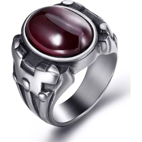 Elfasio Men Oval Red Synthetic Ruby Turquoise Black Onyx Zircon Stainless Steel Ring Vintage Gothic Jewelry
