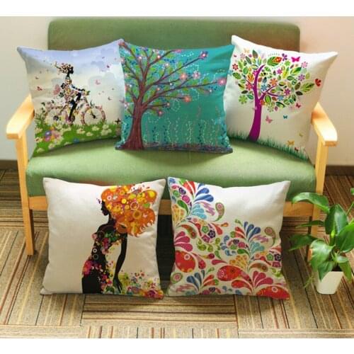 Decorative throw pillowcase Colorful girl butterfly tree cotton linen seat Cushion for sofa decor almofadas 45x45 cm