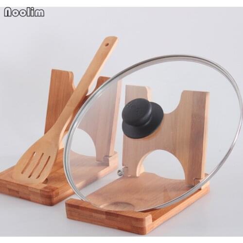 NOOLIM Folding Bamboo Pot Lids Holder Cutting Board Storage Rack Pot Clip Spoon Rest Shelf Foldable Wooden Kitchen Lid Frame