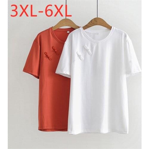 New 2021 Ladies Summer Plus Size Tops For Women Large Short Sleeve Loose Cotton White Red Button O-neck T-Shirt 3XL 4XL 5XL 6XL