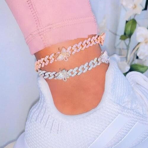 2020 New arrived fashion women girl bling iced out cz hip hop cuban link chain pink butterfly charm leg Anklet Bracelet jewelry