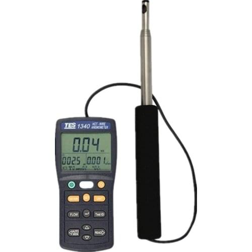 TES-1340 Hot-Wire Anemometer 0.01 m / s Resolution Air Flow Tester Backlight Function Snake Telescopic Probe