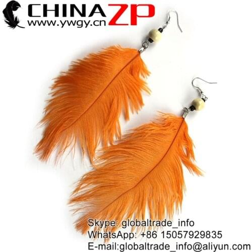 Leading Supplier CHINAZP Factory Women Ethnic LONG Earrings Fashion Handmade Dyed Orange Ostrich Feathers Earrings