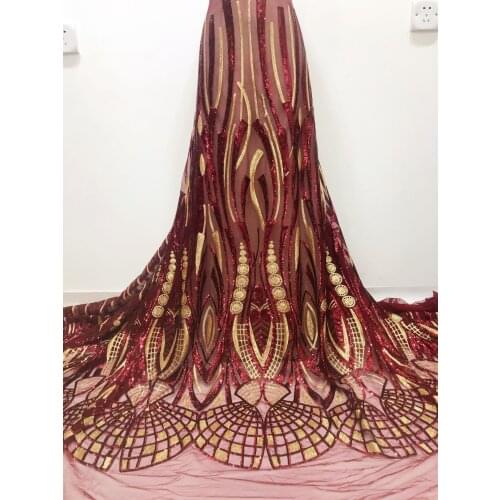 Wine Red and Gold Full Sequina Lady Party Wedding Dress Material High Quality with Low Price Tulle Lace Fabric 2021 Nigeria T151