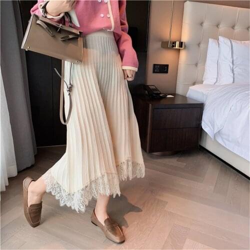 2021 Vintage High Waist Long Skirts Patchwork Lace Elegant Knitted Office Lady Prom Girls Chic Brief Fashion Skirt