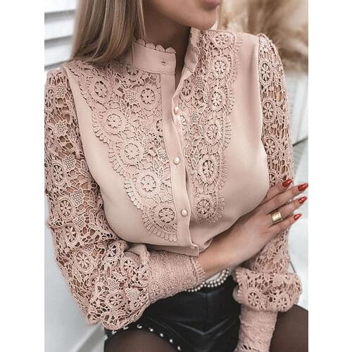 Womens Blouse Elegant Vintage Lace Spliced Long Sleeve Pink Office Lady Shirt Tops 2021 Fashion Casual Ladies White Blouses Top