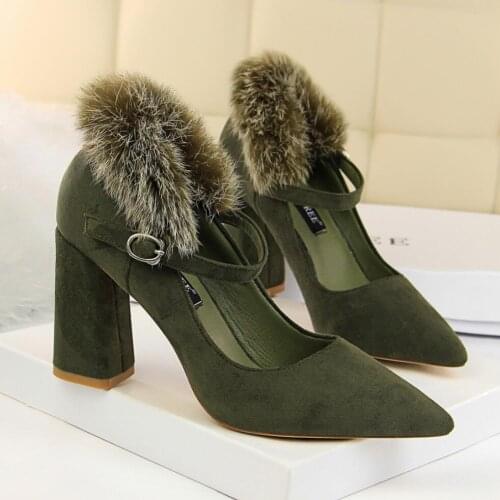 Koovan Womens Pumps 2020 Fur Women High Heels Elegant Shoes Red Heels Dress Shoes Women Thick Heel Fetish High Heels Buty