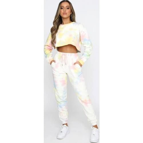 2 Pieces Tie Dye Sports Running Set Women Tracksuits Round Neck Long Sleeve Sweatshirt Crop Top+Joggers Trousers Female Sets