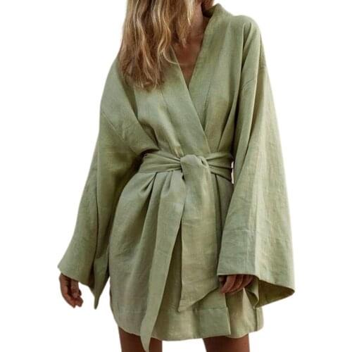 Women Shirt Dress Trendy Robe Style Long Sleeve Casual Solid Color Loose Hem Lace-up Belt Ladies Mini Dresses Streetwear