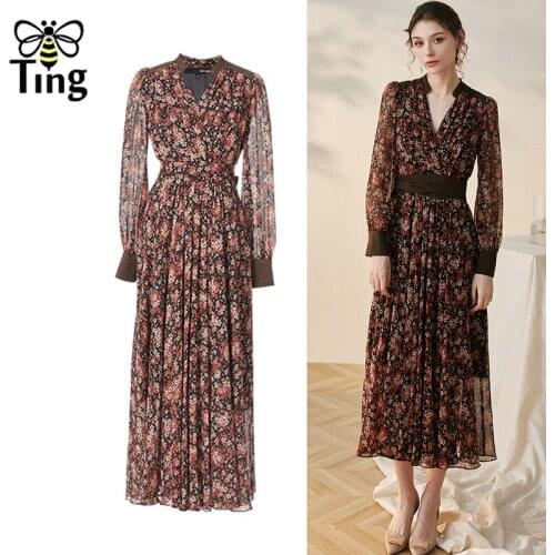 Tingfly 2020 Aesthetic Flower Floral Vintage Midi Long Dress Vintage Elegant Lady Summer Chiffon Office Work Dress Frocks Women