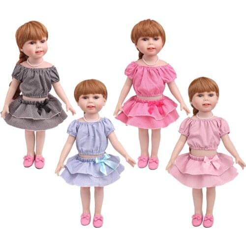 18 Inch American Doll Girls Clothes Cute Bow Check Suit Skirt Born Baby Toy Accessories Fit 43 Cm Boy Dolls c773