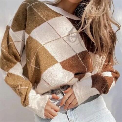 2021 plaid contrast color college style loose o neck pullover sweater women autumn loose lazy long-sleeved knit brown sweater