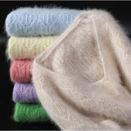 BELIARST Mink Cashmere Sweater Women V-Neck Hollow Loose Cable Knit Bottoming Sweater Female Short Autumn And Winter