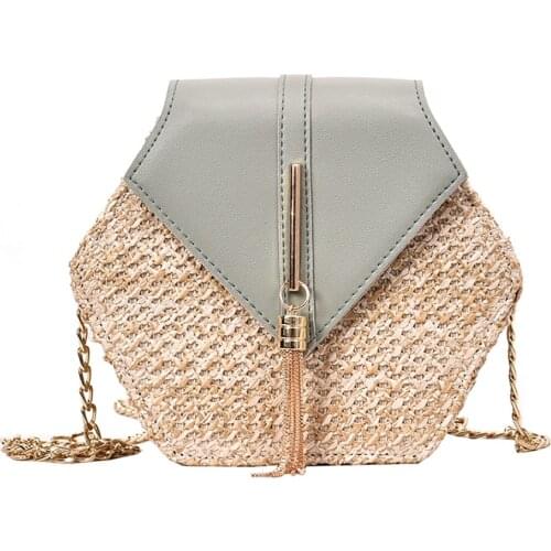 Bohemian rattan women shoulder bags chic hexagon wicker woven crossbody bag lady summer beach straw bags handmade small purses